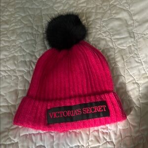 Victoria's Secret Bright Pink Knit Beanie with Black Pom